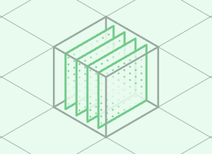 A transparent sandbox cube with open green dotted partitions